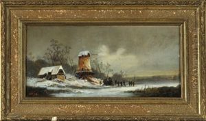 Winterlandschaft Mit Windmuhle Und Personen Auf Dem Eis