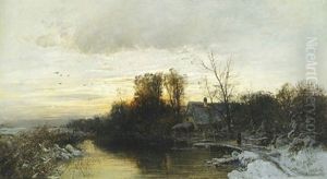 Winterliche Flusslandschaft Im Abendlicht