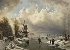 Winterliches Eisvergnugen In Weiter Niederlandischer Landschaft Mit Windmuhlen, Einem Holzfuhrwerk Und Personen
