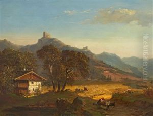 Mountain Landscape With A Farm House And The Ruins Of A Castle