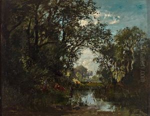 Weidelandschaft Mit Kuhen Am Waldteich by August Fink