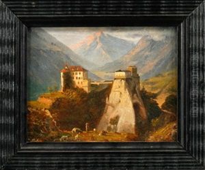 Schlosansicht Vor Alpenlandschaft Mit Schafhirten Und Schafen