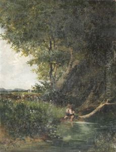 Angelnder Junge Am Bach