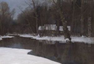 Bauernhaus Am Wasser Im Winterwald