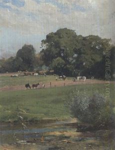 Landschaft Mit Weidenden Pferden Und Kuhe