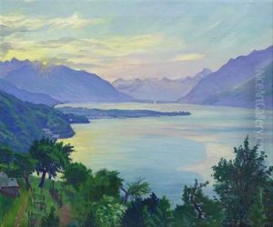 Sonnenaufgang Am Lago Maggiore Mit Blick Gegen Ascona by Waldemar Theophil Fink