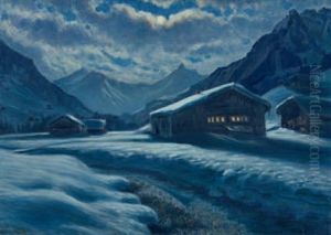Winterliche Nachtlandschaft Mit Alphutten by Waldemar Theophil Fink