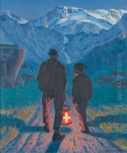 Grossvater Und Enkel Mit Lampion Am 1. August by Waldemar Theophil Fink