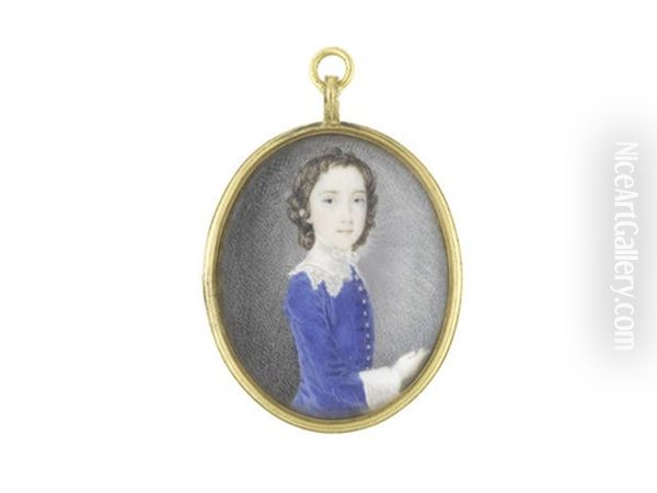 A Pair Of Miniatures Portraying A Boy And A Girl: He, Wearing Blue Coat, White Lace Collar And Cuffs; She, Wearing White Dress And Holding Fruit In Her Gathered Skirts - view 1