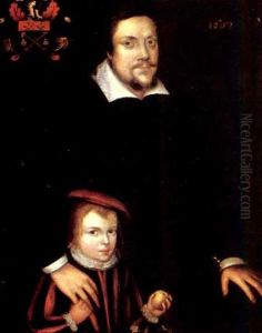 Portrait Of A Gentleman Wearing A Dark Tunic, With His Right Hand Resting On A Boy's Shoulder