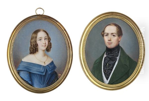 A Young Lady, In Slate Blue Decollete Dress (+ A Gentleman In Forest Green Coat; 2 Works) - view 1