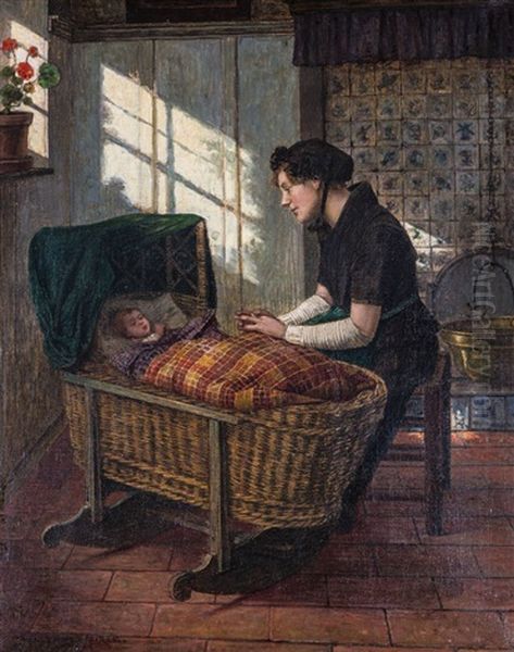 Stimmungsvolle Genreszene In Niederlandischem Interieur Eine Mutter Darstellend, Die Den Schlaf Ihres In Einer Wiege Liegenden Kindes Bewacht - view 1