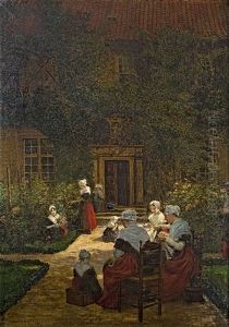 Stickende Frauen In Einem Garten
