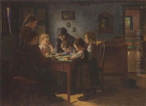 Eine Grosmutter Spielt Mit Ihren Enkelinnen In Der Stube Eine Grosmutter Spielt Mit Ihren Enkelinnen In Der Stube