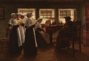 Die Schlesische Sangerin - Im Sessel Vor Dem Klavier Sitzend, Gibt Sie Einer Gruppe Junger Madchen Gesangsunterricht by Walter Firle