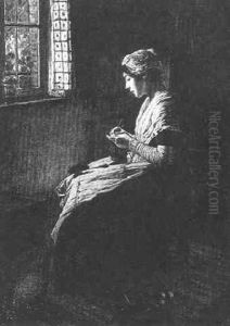 Interieur Mit Strickendem Madchen