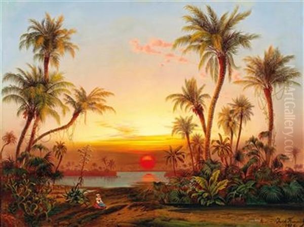 A Southern Landscape With Palms In The Evening Light - view 1