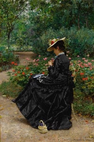 Woman Sewing In A Garden - view 1