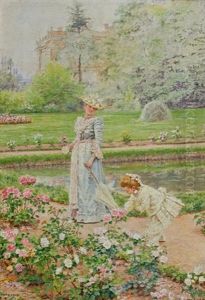 Jeune Femme Et Sa Fille Cueillant Des Fleurs
