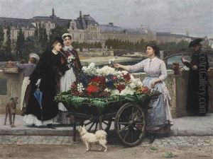 The Flower Seller On The Pont Royal With The Louvre Beyond, Paris by Marie Francois Firmin-Girard