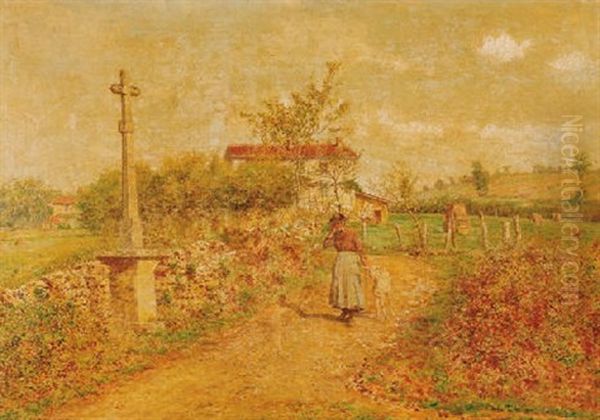 Jeune Femme Et Chevre Dans Un Paysage - view 1