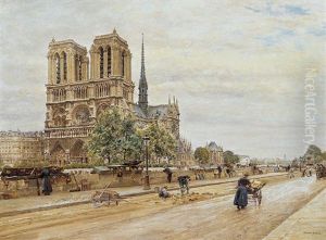 Notre Dame De Paris Et Marchande De Fleurs by Marie Francois Firmin-Girard