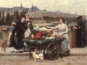 A Flower Seller On The Pont Royal With The Louvre Beyond, Paris