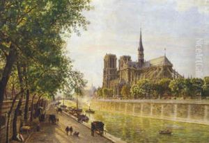 L'ile De La Cite And The Cathedral Of Notre Dame, Paris As Seen From Quai Montebello by Marie Francois Firmin-Girard