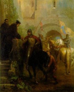 Abschied Der Kreuzritter Im Klosterhof by August Fischbach
