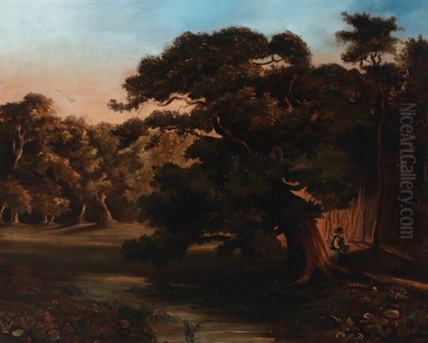 Forest Scenery With A Woman Collecting Firewood - view 1