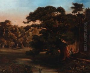 Forest Scenery With A Woman Collecting Firewood