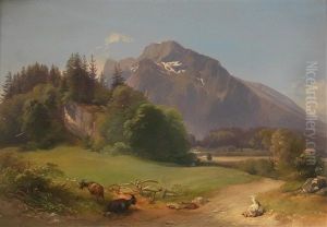 Mountain Landscape With Goats by Johann Fischbach