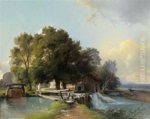 Scene By The Stream by Johann Fischbach