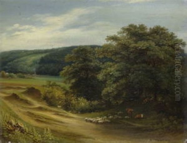 Hirten Mit Kuhen Und Schafen Am Waldrand - view 1