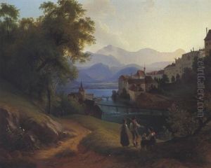 Ansicht Einer Stadt Am Flus In Den Voralpen by Johann Fischbach