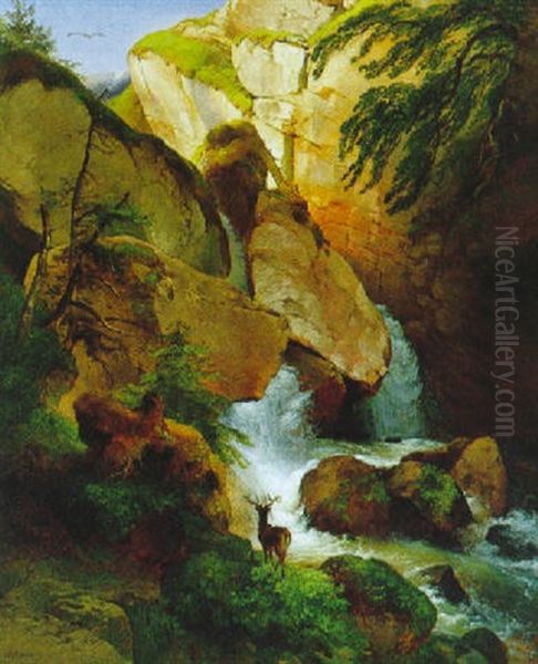 Landschaft Mit Wasserfall Und Hirsch - view 1