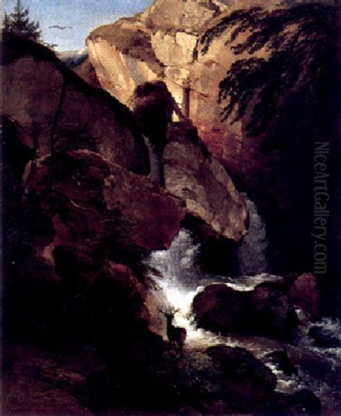 Salzburger Landschaft Mit Wasserfall Und Einem Hirschen Im Vordergrund - view 1