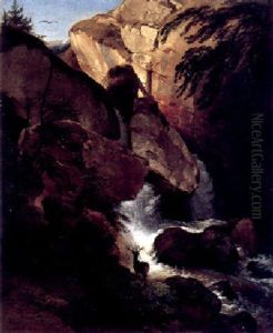 Salzburger Landschaft Mit Wasserfall Und Einem Hirschen Im Vordergrund by Johann Fischbach