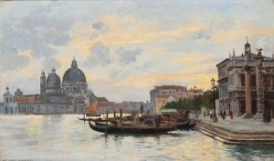 Gondolas Anchored Along Canal Grande In Venice by August Fischer