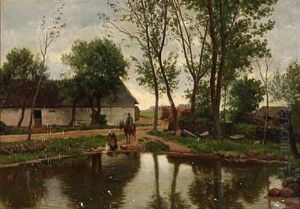 A Washerwoman And A Gentleman On Horseback At A Lake In Front Of A Farm