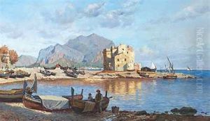 Italiensk Kystparti Med Fiskere Ved Deres Optrukne Bade (palermo?)