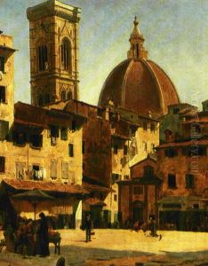 Det Gamle Torv, Mercato Vecchio, I Firenze, I Baggrunden Domkirken Kuppel by August Fischer