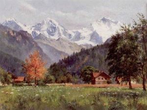 Alplandskap Med Blommande Ang Och Byggnader I Forgrunden by August Fischer