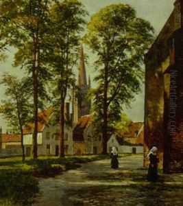 Parti Fra Brugge Med Kirke Og Nonner by August Fischer