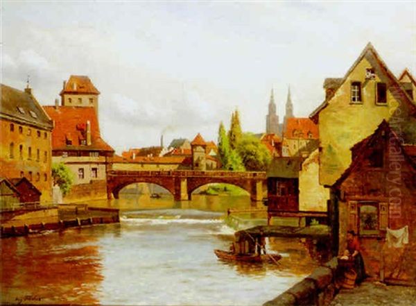 A Washerwoman By A River In A Continental Town - view 1