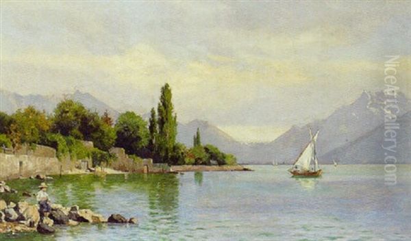 Parti Fra Lac Leman Med Lille Dreng Der Fisker - view 1