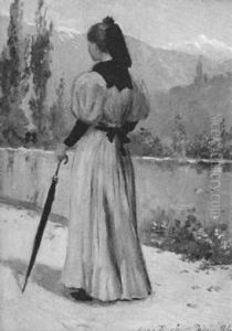 Kvinna Pa Promenad I Italienskt Landskap Kvinna Pa Promenad I Italienskt Landskap