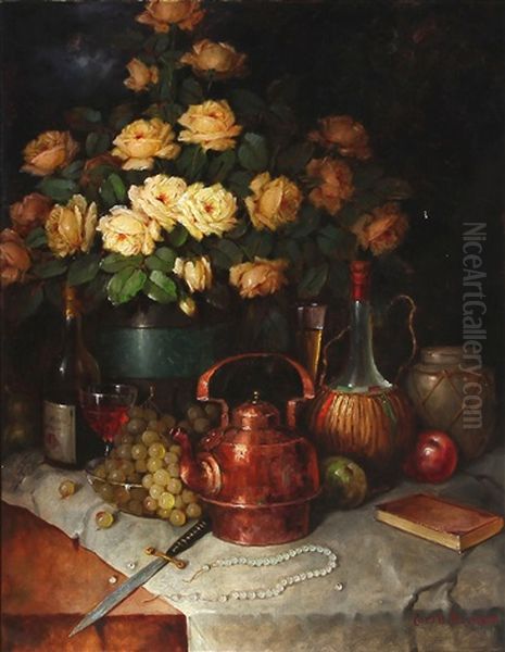 A Still Life With Yellow Roses, Fruits, Kettle, Glass, Bottles And A Pearl Necklace On A Table - view 1