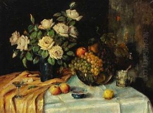 Still Life With Flowers, Glass And Fruit On A Table