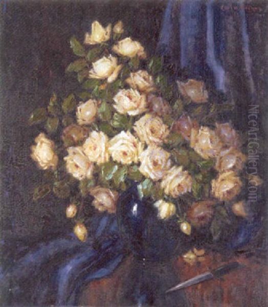 White Roses In A Black Vase On A Draped Table - view 1